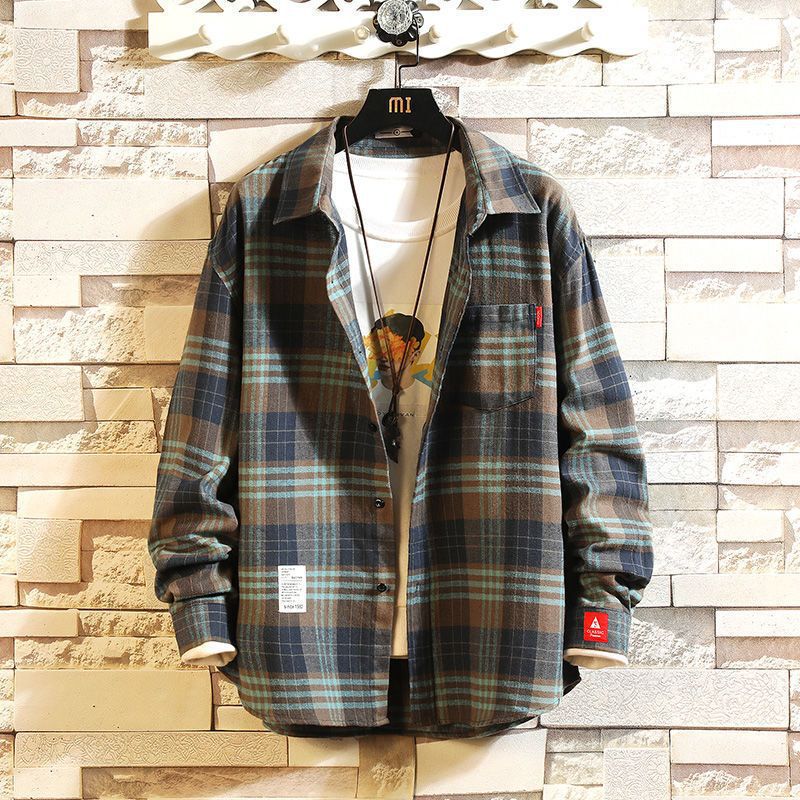 Spring and Autumn Trendy Loose-Fit Casual Plaid Long-Sleeve Shirt for Men, Korean Style Brushed Fabric, Japanese Style, Plus-Size Shirt