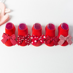 Factory direct sales baby red socks one hundred days old socks non-slip floor socks lace bow toddler socks