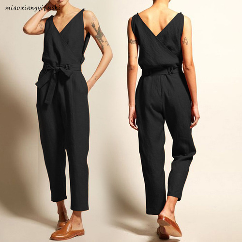 Women's Casual V-Neck Belted Combo: Extra Large Women's Pants with Elegant Workwear One-Piece Suit