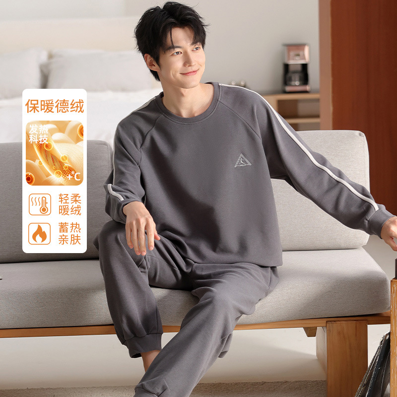 Warm Velvet Men's Pajamas 2025 Autumn and Winter New Style Fleece-Lined and Thickeneded Casual Large Size Can Be Worn Outside Home Clothes Pajamas