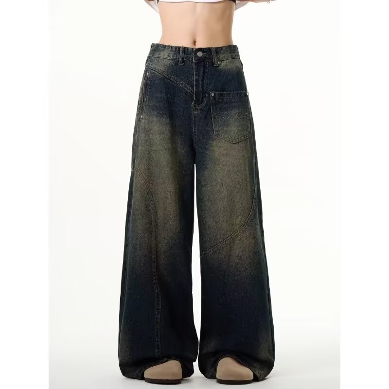 Men's Clothing retro distressed straight jeans for men spring and autumn new high waist loose slim drape high street wide leg pants_ipsvogv.com