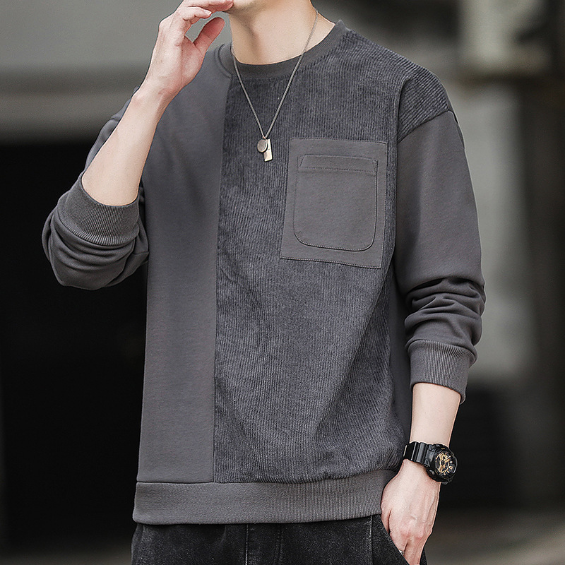 Primavera y otoño nueva camiseta de cuello redondo para hombres marca de moda suelta juvenil universal guapo sin sombrero camiseta de manga larga para hombres