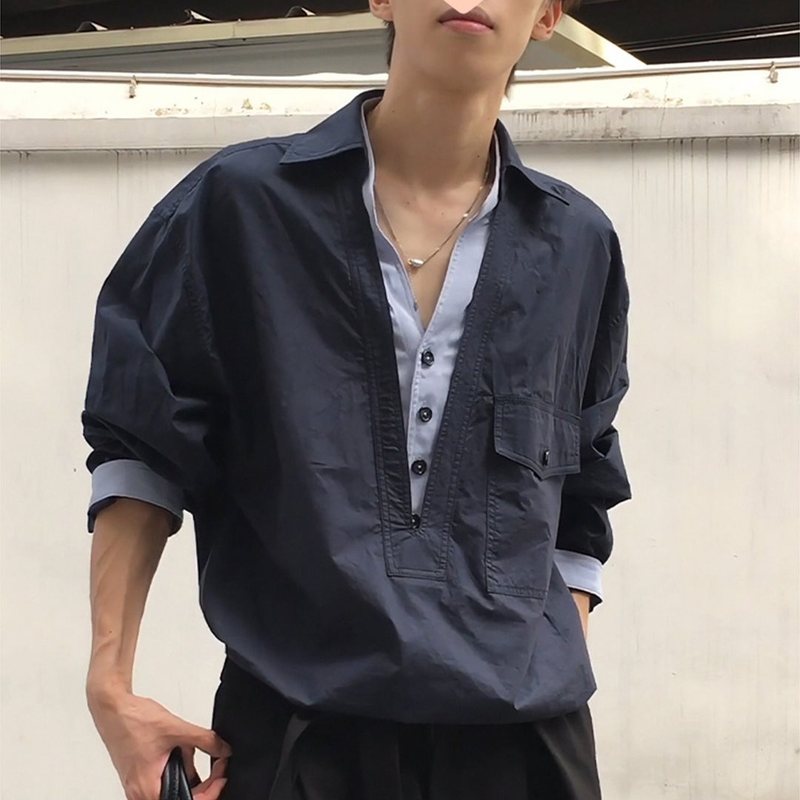 藏青色假两件v领衬衫男美式老钱风穿搭长袖衬衣cleanfit工装外套|undefined