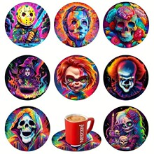 跨境新款8件套恐怖电影角色幽灵杯垫派对装饰万圣节圆形木质杯垫