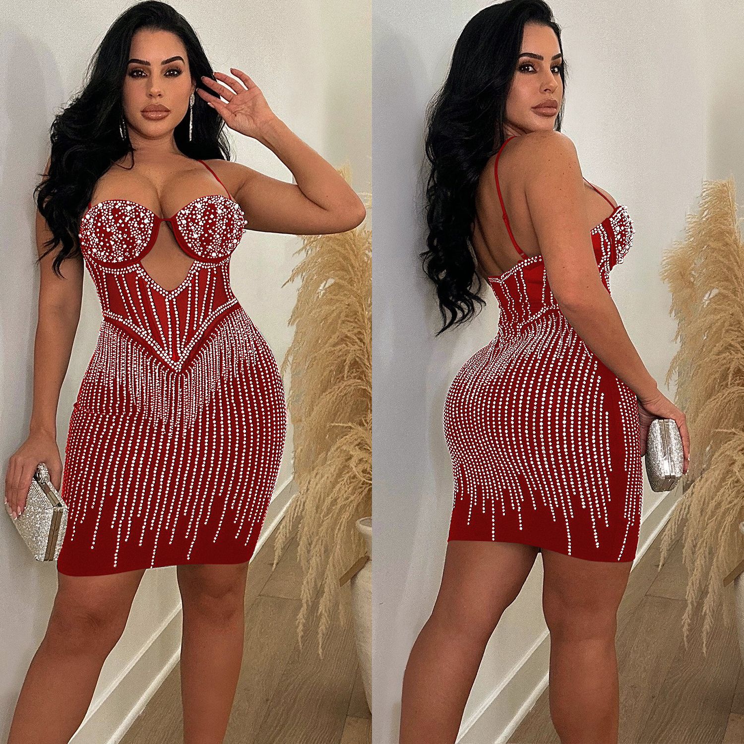 C6753 transfronteriza AliExpress Amazon europeo y americano de las mujeres de moda de color sólido malla rhinestone Correa falda vestido image 4