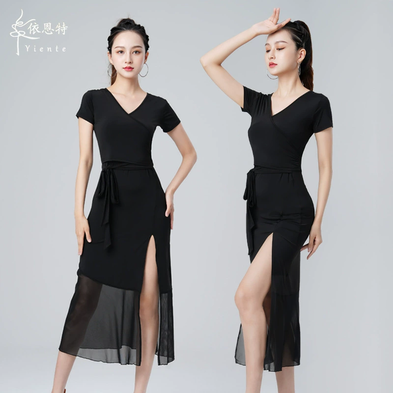 Летнее платье для латиноамериканских танцев, новая модель для взрослых женщин, с коротким рукавом, для выступлений, 2025, тренировочная юбка для танцев, длинная юбка с широким подолом