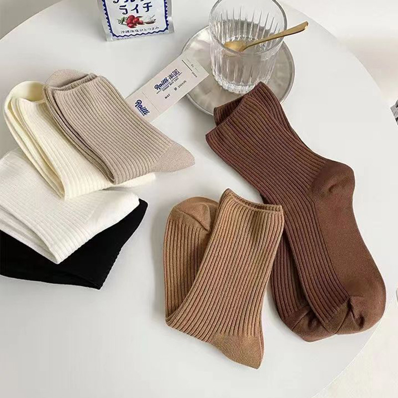 Coffee-Colored Vertical Stripesd Socks Women's Mid-Calf Socks Pile Socks Pure Color Autumn and Winter Internet Celebrity Milk White Ins Trendy Simple Socks