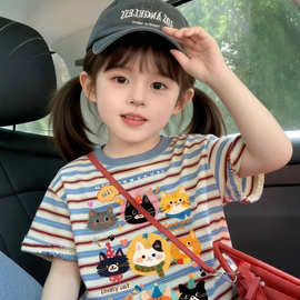儿童t恤短袖卡通幼儿园宝宝中小童条纹满印圆领半截袖优质上衣