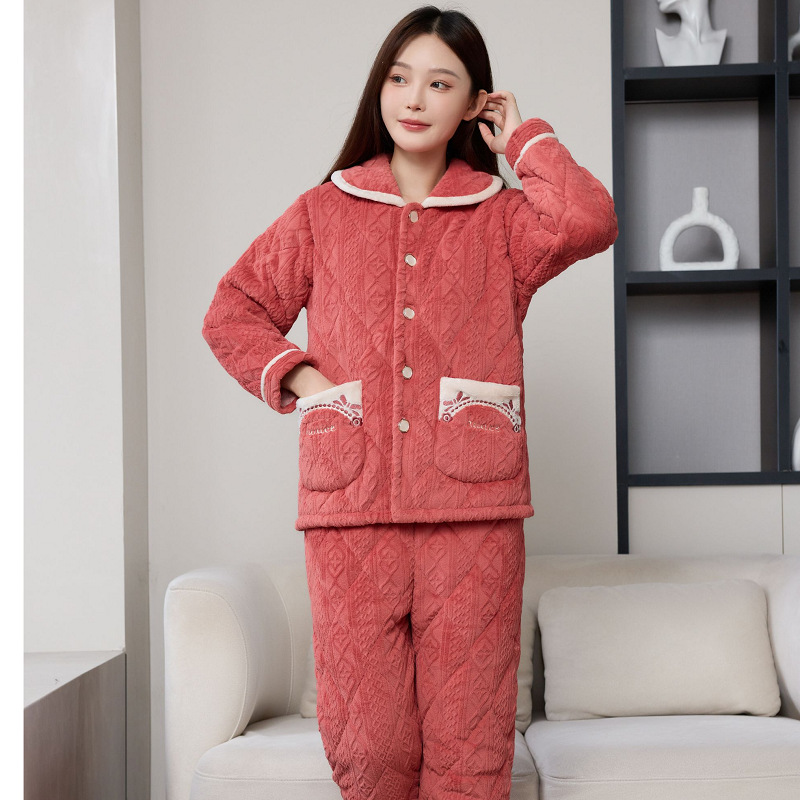 パジャマ女性冬のサンゴのベルベットの三層の厚いベルベット保温綿フランネル春秋冬の家庭服
