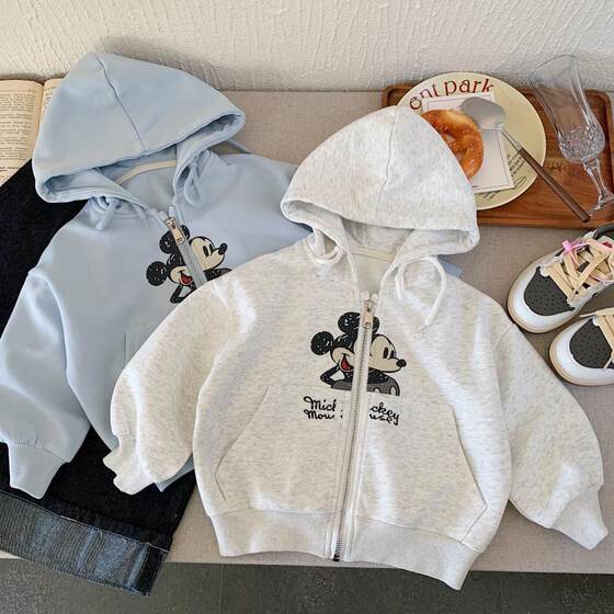 Children's Coat 2025 Spring New Boys' Spring and Autumn Hooded Pullover Korean Style Mickey Girls' All-match Cardigan Top