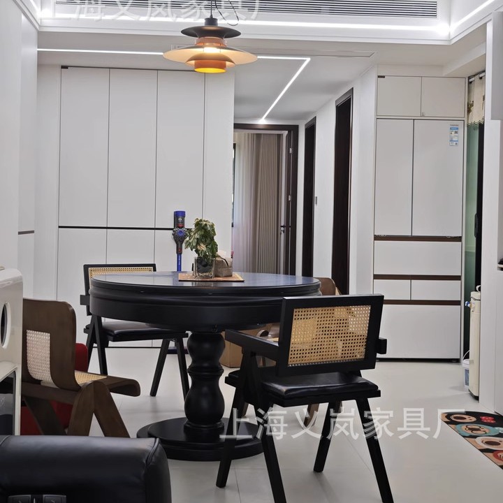 复古法式小圆桌旋转伸缩餐桌小户型简约变形实木收纳带转盘定制