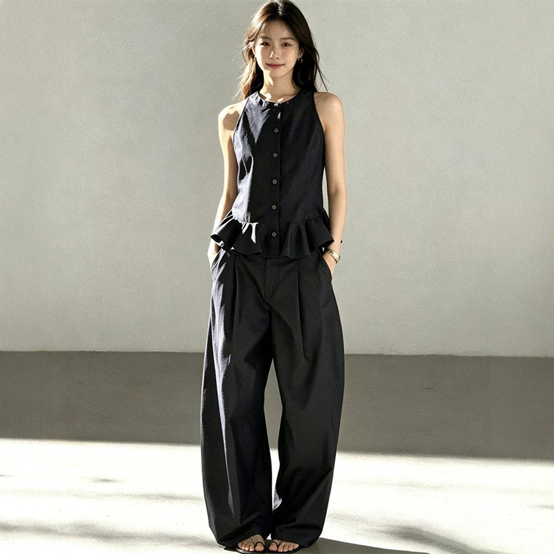 Black Brother Outfit Faux Denim Blue Ruffled Sleeveless Shirt Vest Top Wide-Leg Pants Set Summer