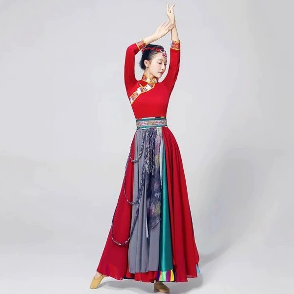 Новый тибетский танцевальный костюм для женщин, большая распашная юбка, костюм для квадратного танца, тренировочная юбка, длинная юбка, тибетская тренировочная юбка для художественного экзамена.