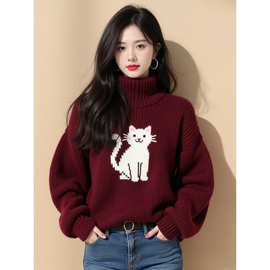 酒红色高领小猫印花毛衣女款2025羊毛冬季慵懒高级感粗线针织上衣