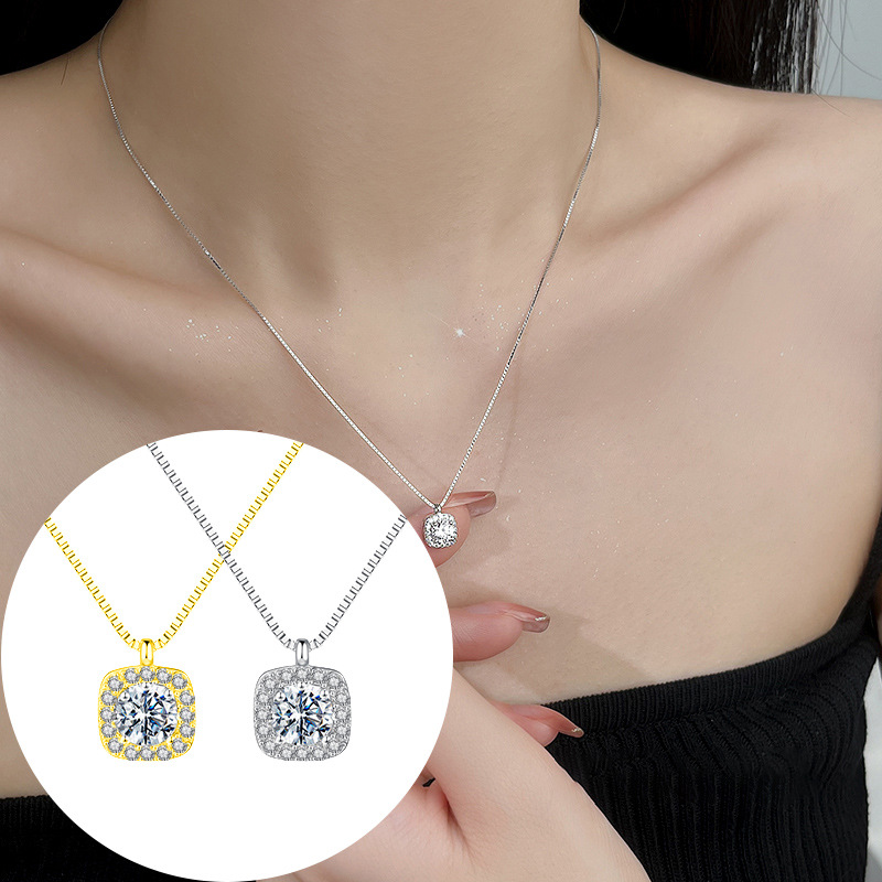s925 sterling silver small square diamond necklace non-fading light luxury niche advanced clavicle chain small square diamond necklace women's pendant