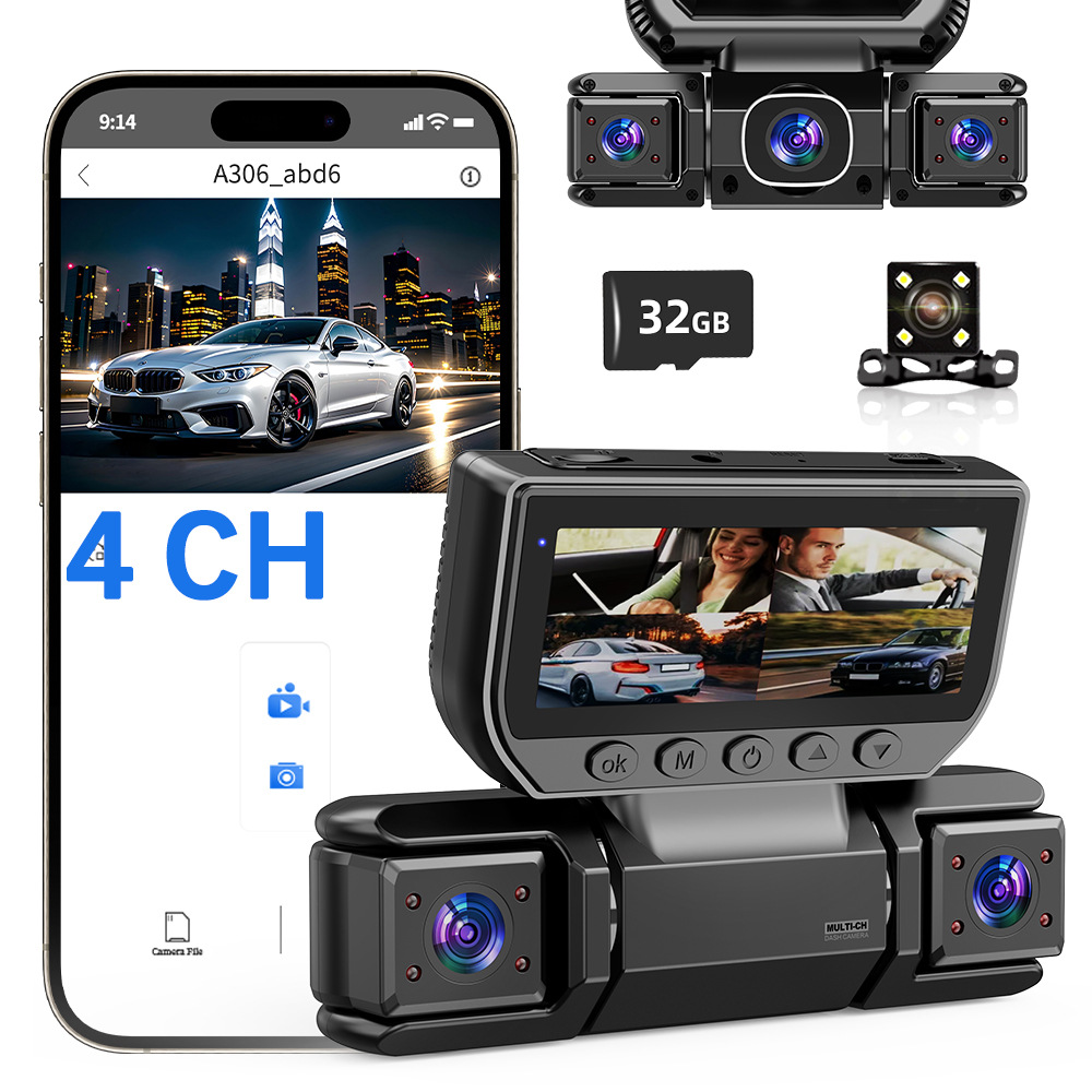 3.0inch Four-Camera Dashcam Supports Wifi, Infrared Night Vision, 24-Hour Parking Monitoring, and Wireless Connectivity