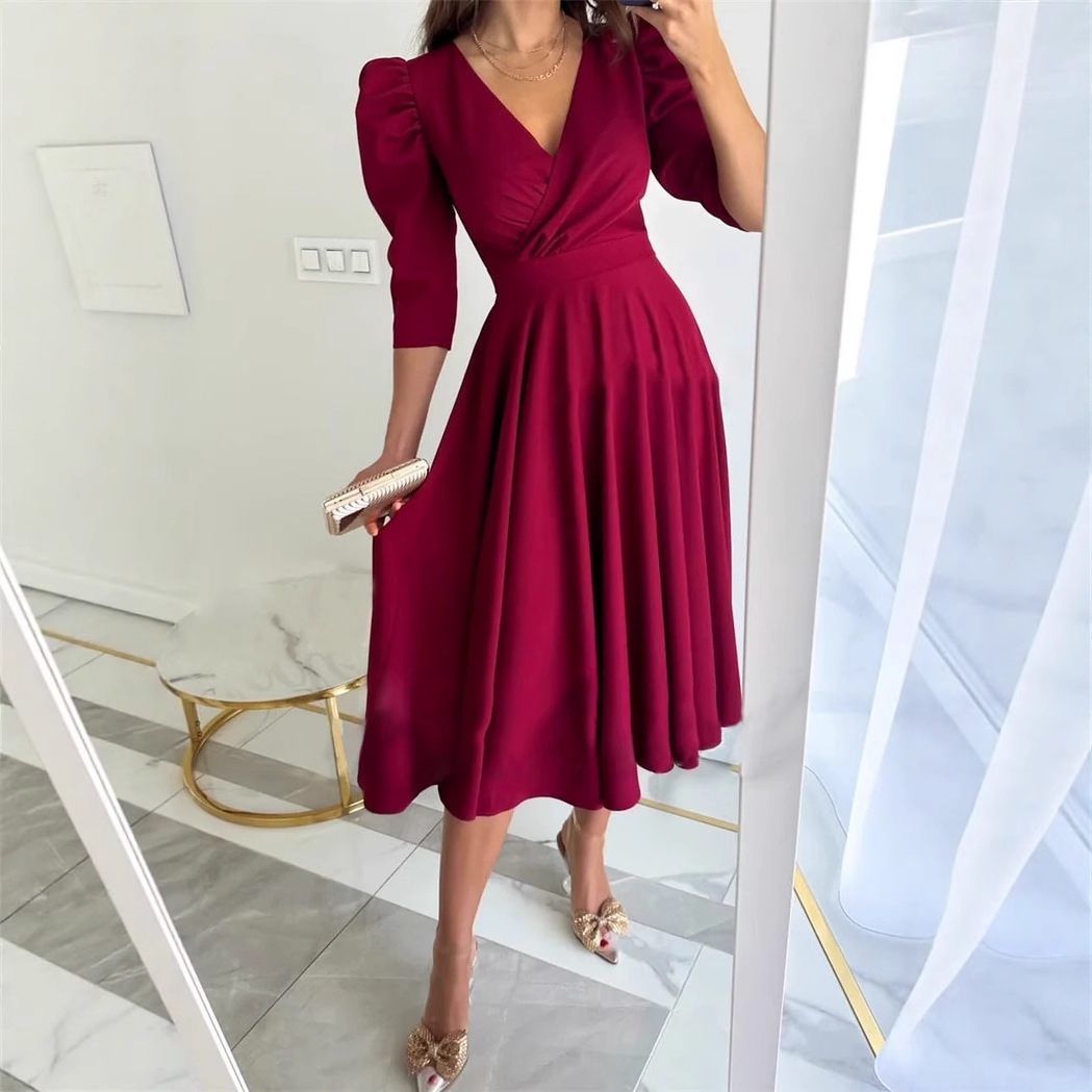 2025 Cross-Border Amazon Aliexpress New Pure Color V Neck Waist Bubble Three-Quarter Sleeve Long Dress