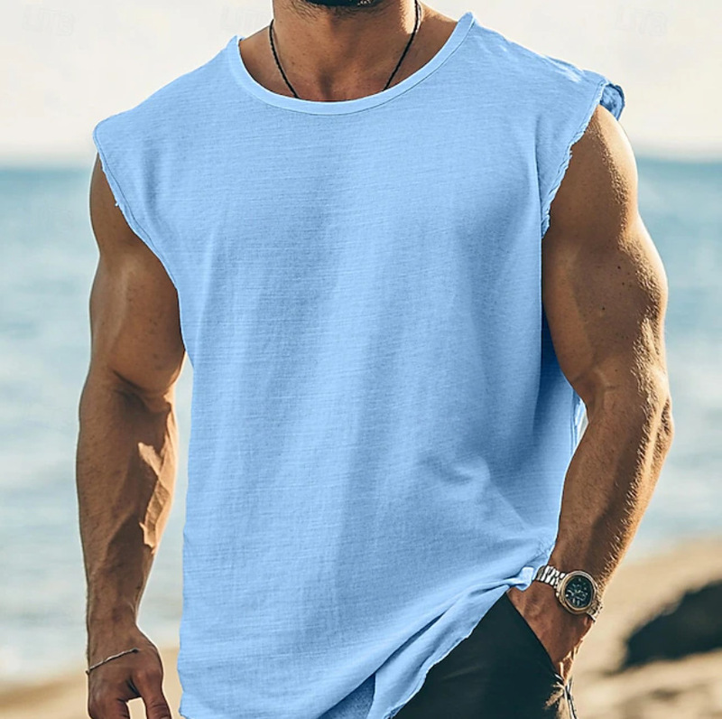 Muscle Summer New Style Men's Sports Casual Gym Workout Running Cotton Loose Thick Frayed Edge Tank Top Vest Muscle Summer New Style Men's Sports Casual Gym Workout Running Cotton Loose Thick Frayed Edge Tank Top Vest