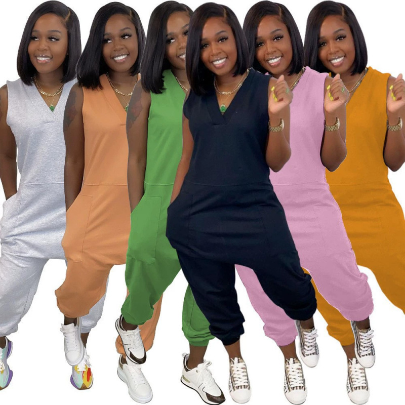 2022 Cross-Border European and American New Style Plus Size Women's V Neck Pure Color Sleeveless Casual Waist Jumpsuit with Flap Pocket Pantss for Women