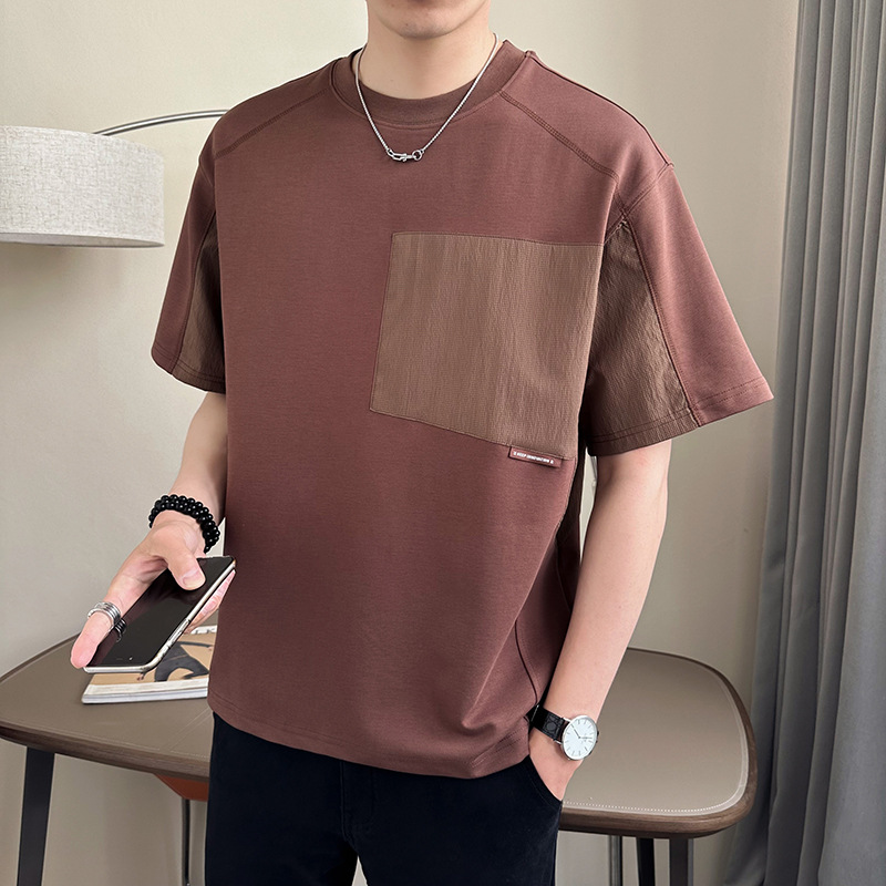 2024 New Summer Short-sleeved T-shirt Men's Loose Casual Fashion All-match Trendy Brand Solid Color Stitching Half-sleeved Men
