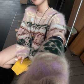 费尔岛圆领毛衣外套女加厚秋冬高级感慵懒风宽松针织衫外穿上衣新