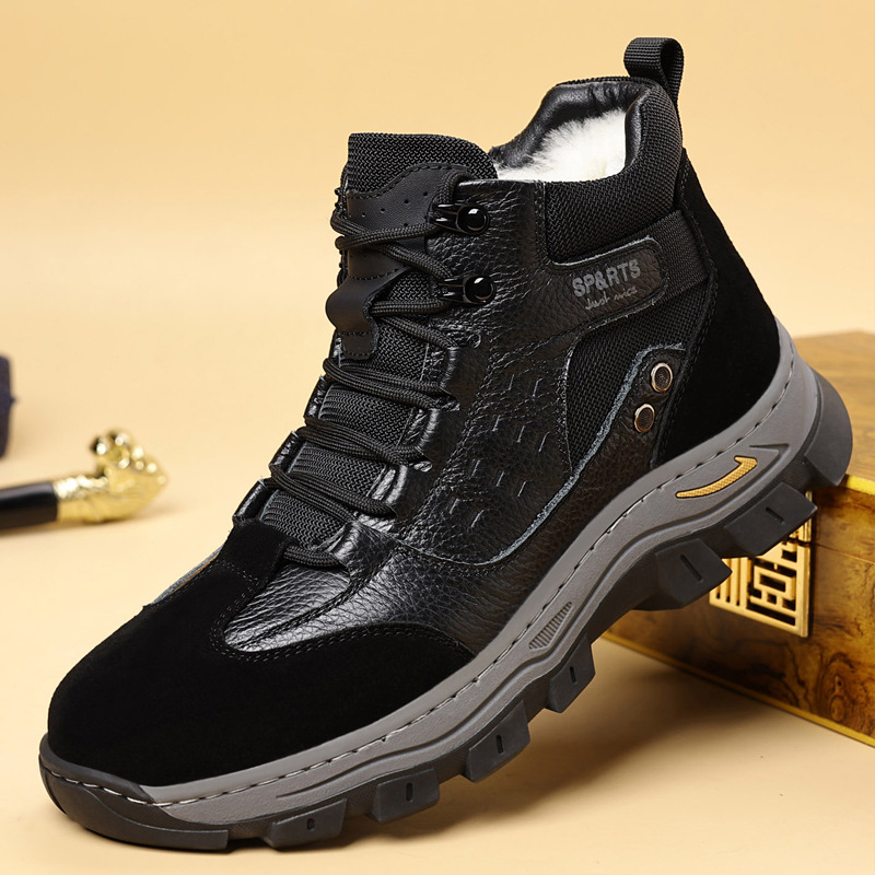 Invierno de piel de vaca, nuevos zapatos de algodón de hombre, lana caliente al aire libre, escalada de montaña y tercife, zapatos de hombre antideslizantes y gruesos.