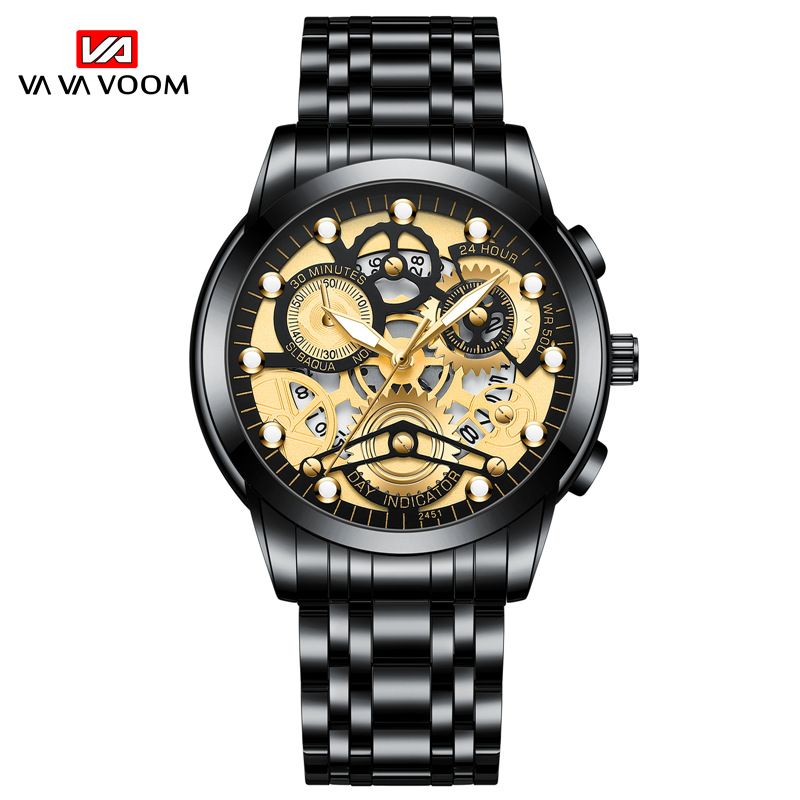 VAVA VOOM 2451 nuevo calendario falso Movimiento de cuarzo de tres ojos Reloj de correa de acero luminoso para hombres