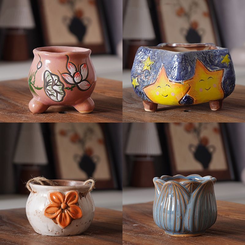 Succulent Flower Pot Ceramic Creative Personality Simple Design Cartoon Five-Pointed Star Glazed Coarse Pottery Breathable Desktop Decoration