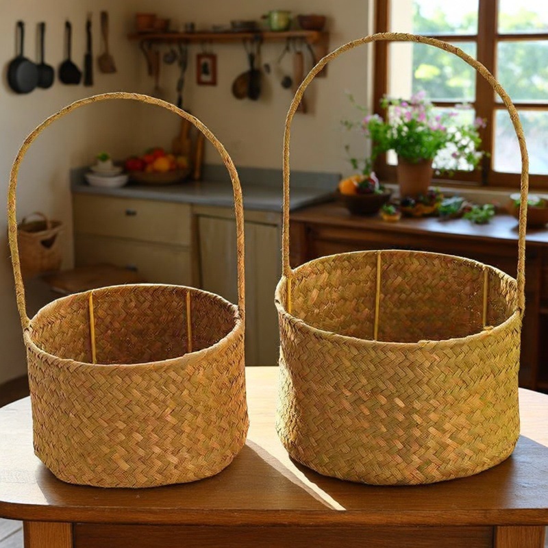 藤编花篮手提篮子草编竹编编织手工插花篮水草小花篮植物篮子跨境