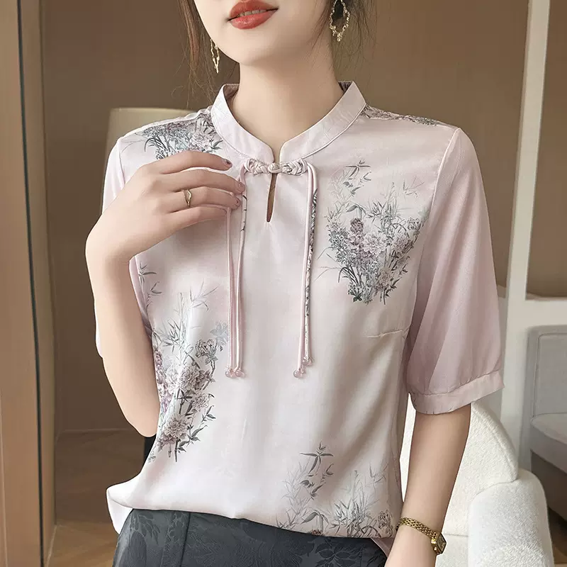 新中式国风立领绣花衬衣短袖女2024夏季新款真丝缎面印花衬衫T恤
