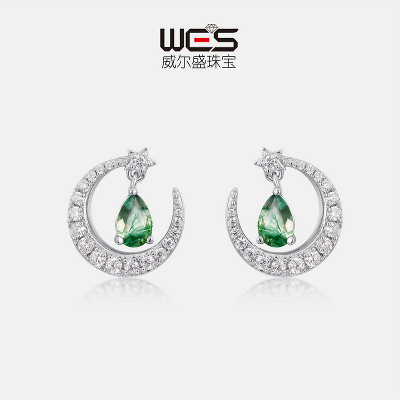 Pendientes de piedra de musgo verde natural de luna de personalidad de minería caliente transfronteriza Mujer S925 Pendientes de ágata de agua de diamantes llenos de plata Moda