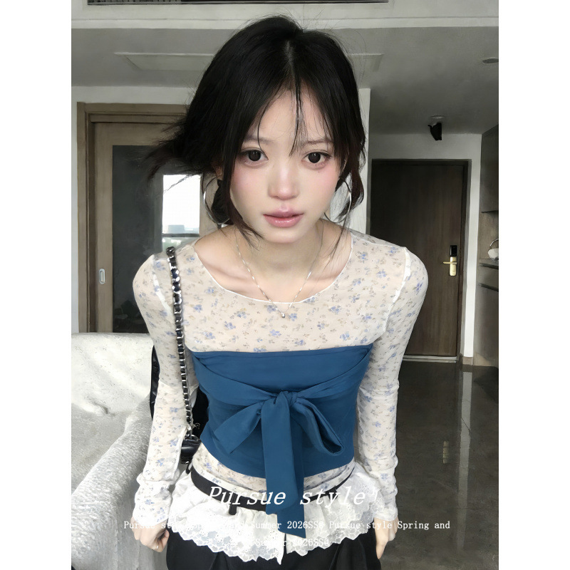 In-Stock Miu Miu Style Outfit Set for Women Early Spring Floral Long-Sleeve T-Shirt and Tube Top Layered Top