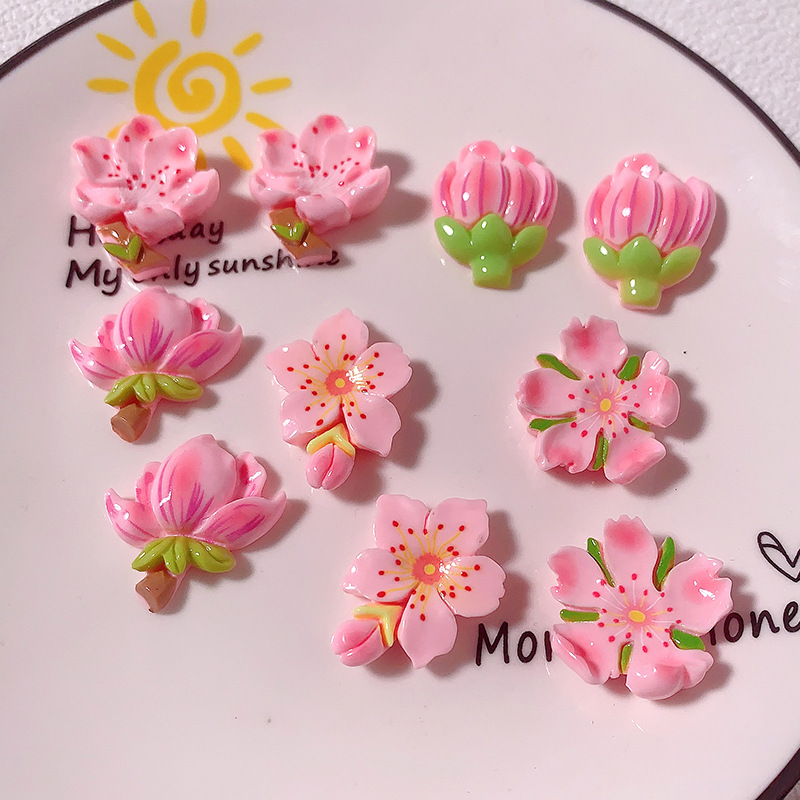 Nuevos accesorios de resina de bricolaje de flor de durazno rosa de dibujos animados, pegamento de crema, carcasa para teléfono móvil, accesorios para el cabello, zapatos, colgantes de hebilla, materiales hechos a mano