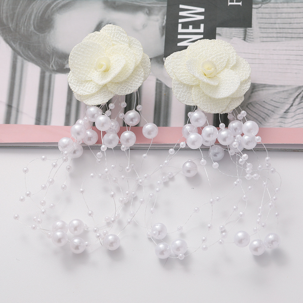 Fashion Chiffon Cloth Lace Flower Pearl Tassel Multilayer Earrings display picture 7