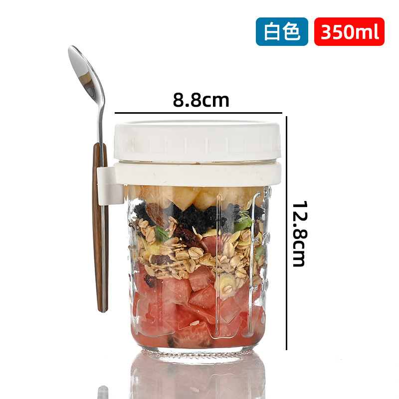 Taza de avena portátil durante la noche al por mayor taza de agua con cuchara con cubierta taza de desayuno taza de ensalada de vidrio taza de yogur