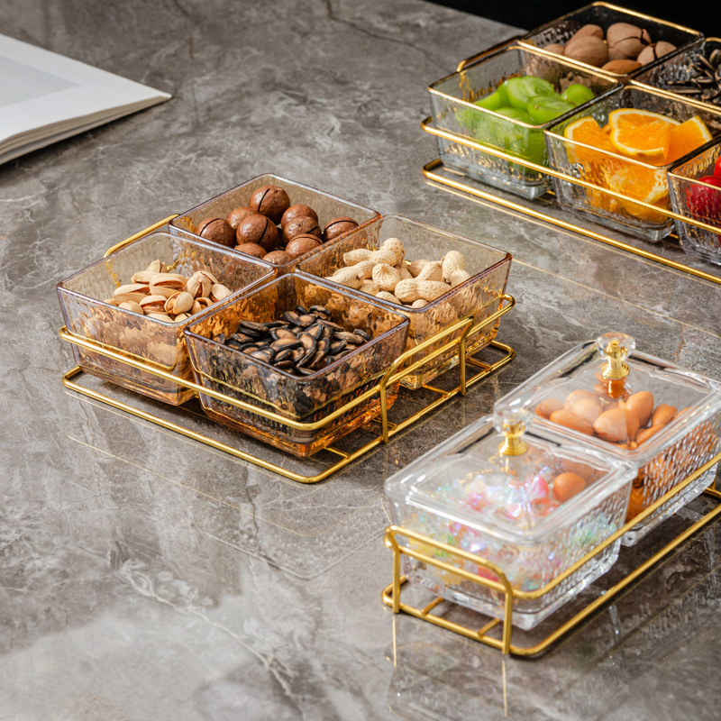 Plato de frutas acrílico sala de estar doméstica mesa de té de lujo ligero platos de refrescos de cuatro paneles nuevos bocadillos platos de nueces