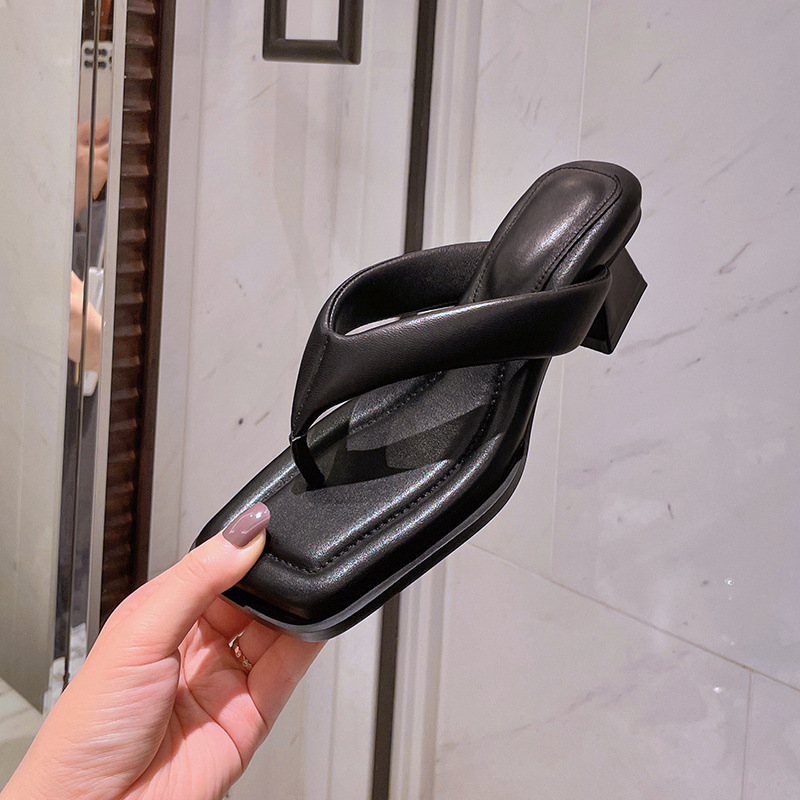 Dép sandal nữ xỏ ngón da cừu mũi vuông gót thấp — Màu đen chi tiết 19
