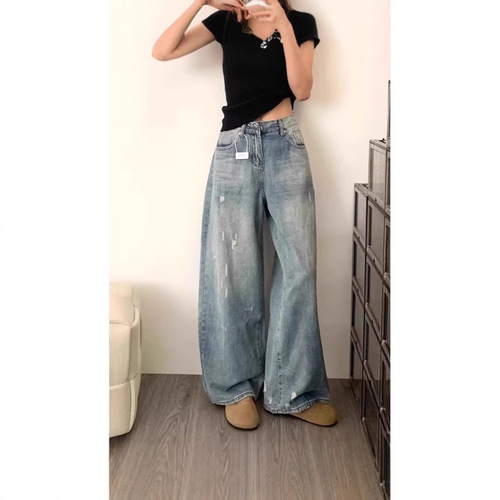 American-style holey light-colored slim-fit wide-leg jeans for women, 2025 summer loose high-waisted straight-leg floor-length pants