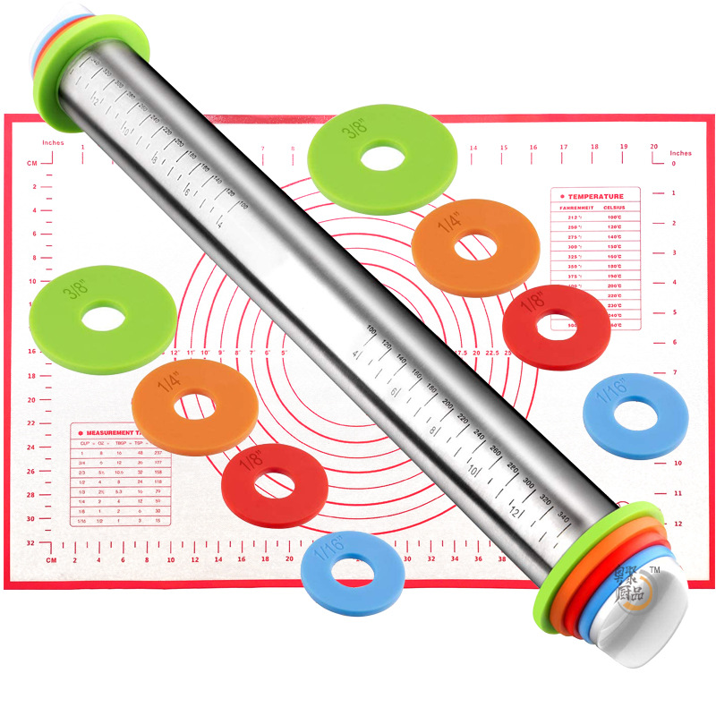 亚马逊17寸可调型不锈钢擀面杖调节厚度刻度擀面棍面皮料揉面工具