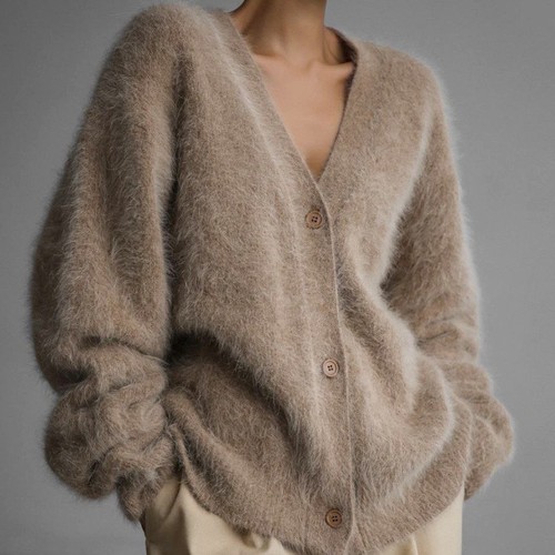 Women's V-neck Knitted Mink Fleece Cardigan 2025 Autumn/Winter Loose Solid Color Open Jacket