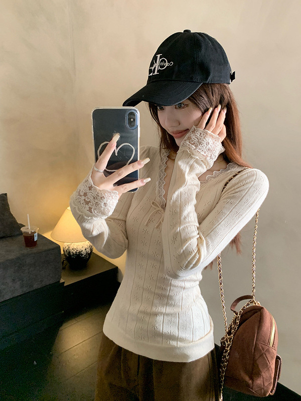 韩系花边蝴蝶结v领长袖T恤女2025秋季新款设计感叠穿修身打底上衣|undefined