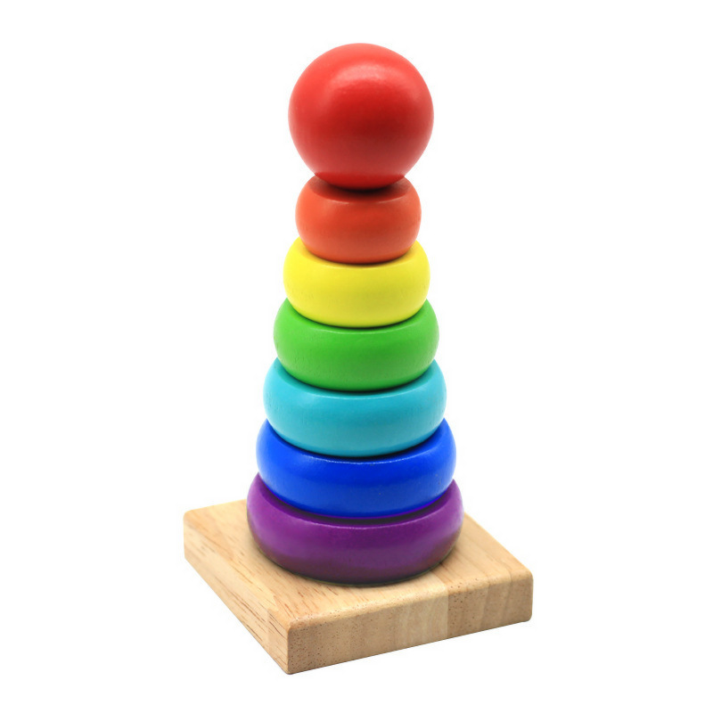 Pila de madera Dile para bebés y niños pequeños Educación temprana para bebés Juguetes de inteligencia útiles Cubierta de capas de arco iris Cubierta de torre Columna de anillo