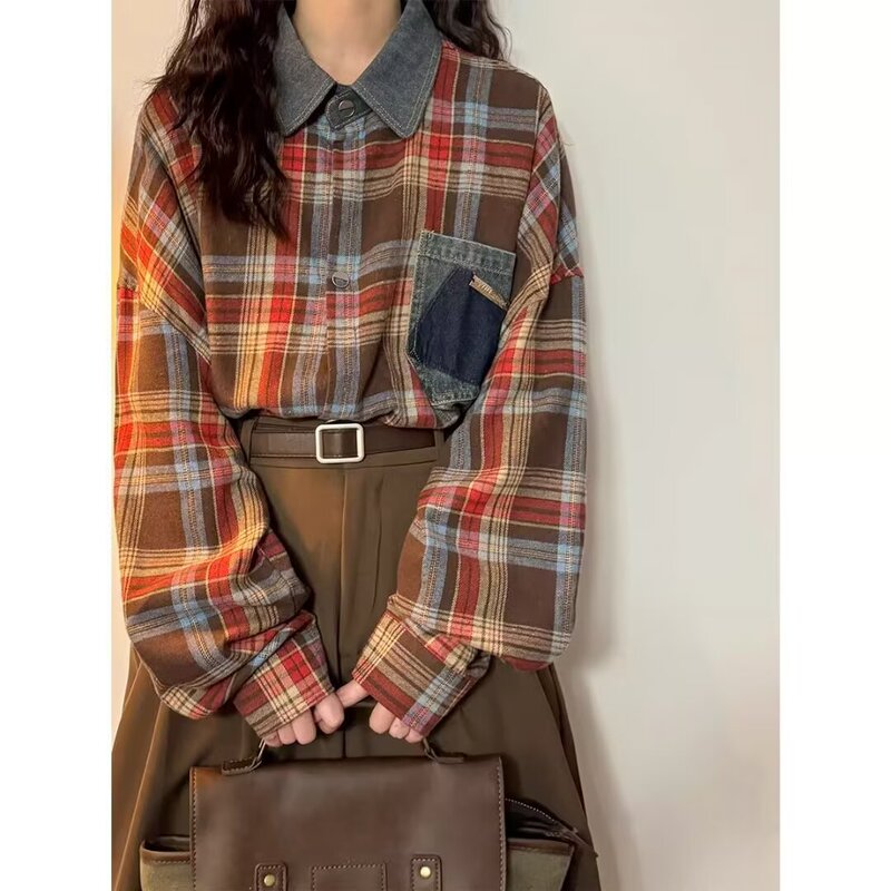 American Style Vintage Denim Collar Patchwork Plaid Shirt Unisex High-end Loose Outdoor Casual All-match Jacket