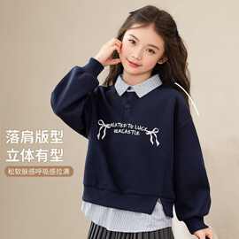 女童翻领假两件长袖上衣中大童春秋新款拼接加绒时尚长袖套头衫冬