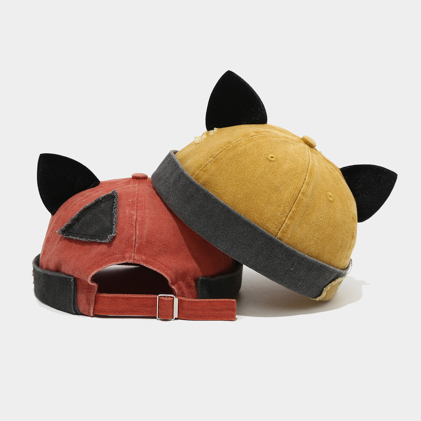 Gorra de propietario de orejas de zorro retro, costura de lavado de marea para mujer, sombrero de piel de melón viejo, sombrero de estudiante personalizado de hip-hop sin aleros image 4
