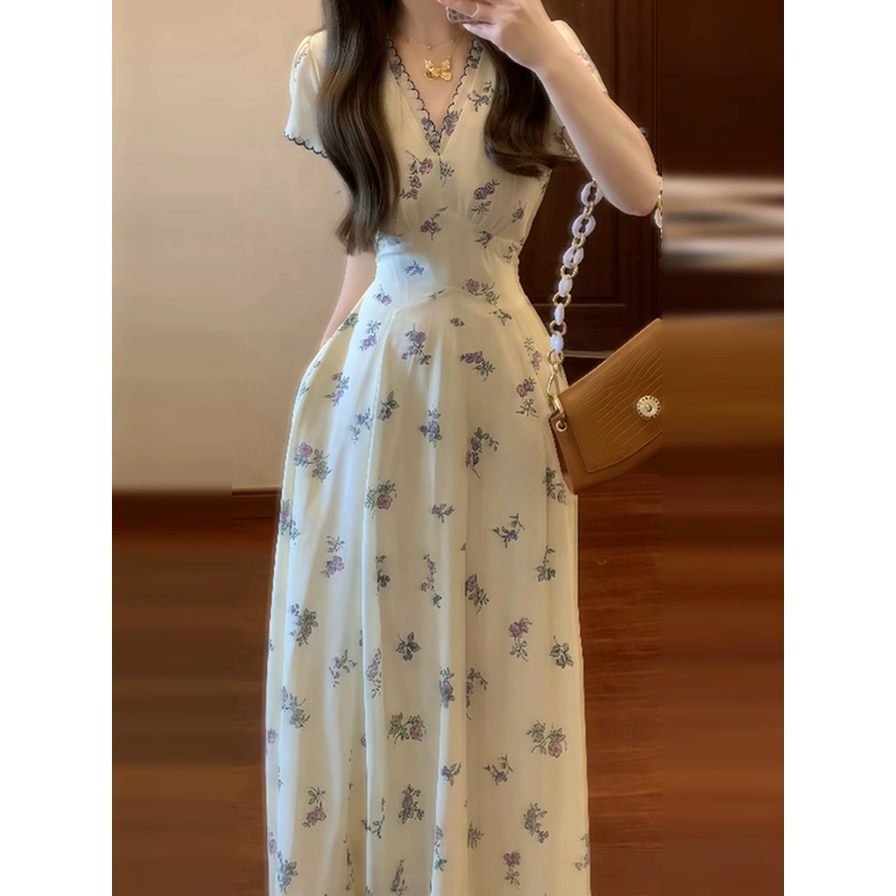 Летнее платье для женщин в французском стиле с цветочным принтом, новинка 2025 года, красивое, с завышенной талией, стройнящее, длинная юбка.