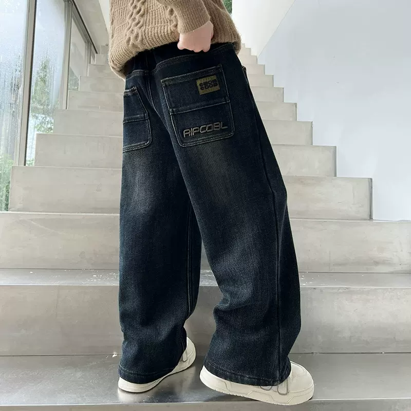 男童潮牌阔腿牛仔裤加绒2025新款洋气青少年儿童秋季宽松直筒长裤