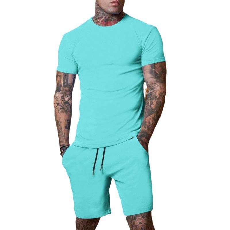 Hot-selling solid color T-shirt and shorts set for export, available on Amazon.com. Suitable for men in Europe and America, this breathable summer short-sleeved and shorts set is a top seller.