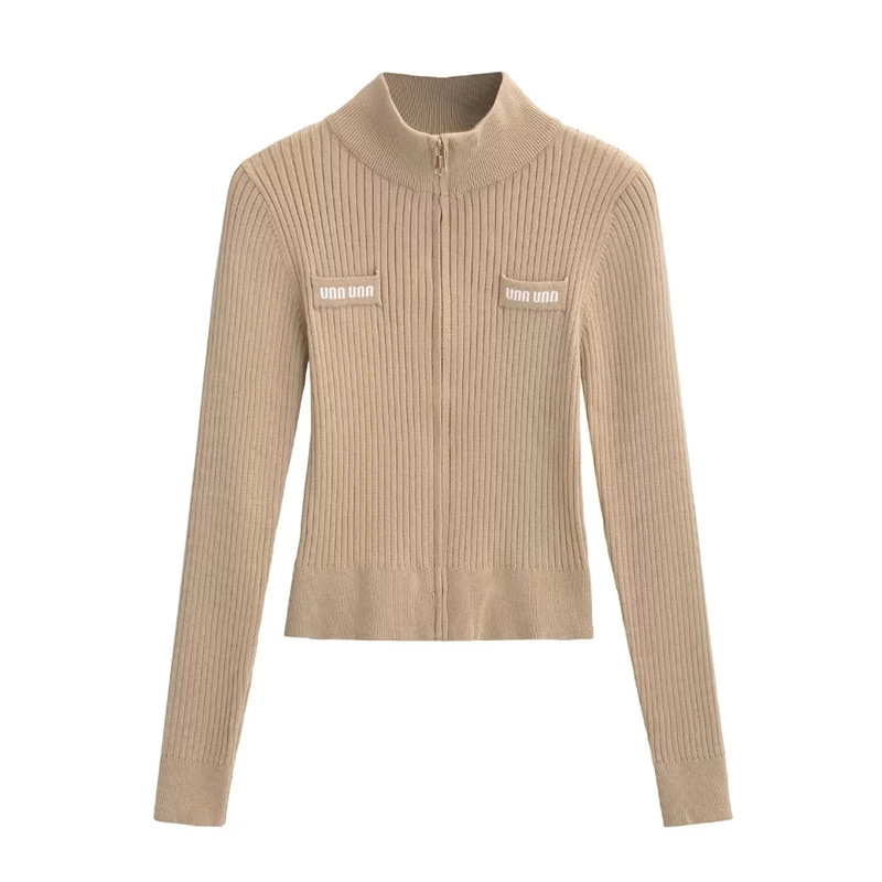 Maillard Pit Stripesd Half Turtleneck Zipper Knitted Cardigan Autum New Fashion Versatile Slim Short Sweater for Women