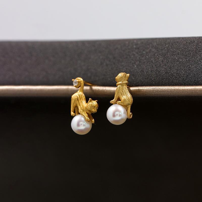 1 Pair Simple Style Cat Inlay Copper Pearl Earrings display picture 3